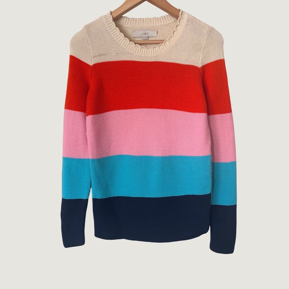 LOFT Womens Striped Knit Sweater Scalloped Crew Neck Multi‎ Color Block XS
